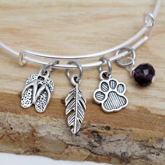 Flip Flops, Feather & Paw Print Charm Bangle - Adjustable - Handcrafted - Picture 2 of 4